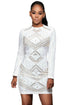 Sexy White Mini Jeweled Quilted Long Sleeves Dress